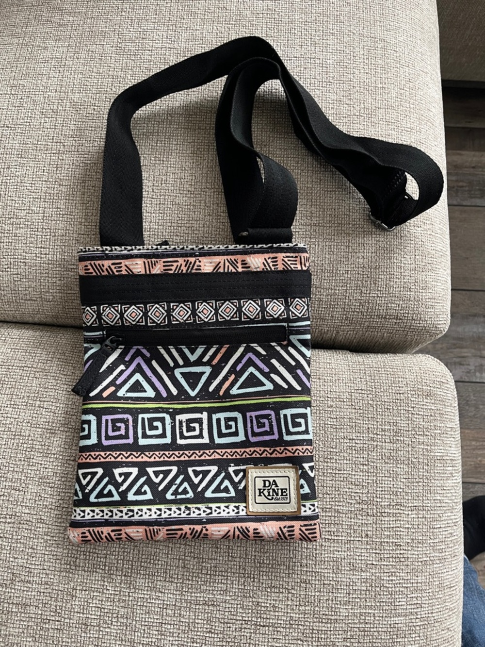 DAKINE Black Strap Crossbody with Pastel Geometric Print